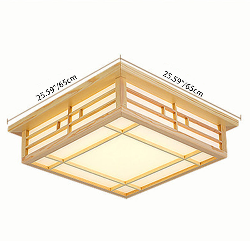 Traditional Japanese Square Lattice Parchment Pine Wood LED Flush Mount Ceiling Light For Living Room