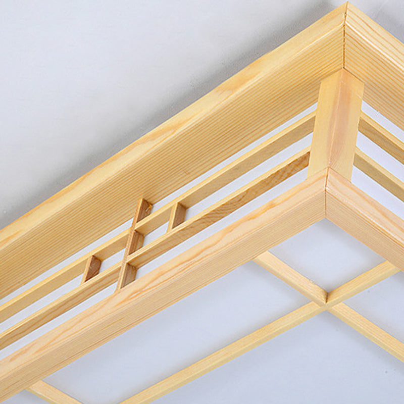 Traditional Japanese Square Lattice Parchment Pine Wood LED Flush Mount Ceiling Light For Living Room