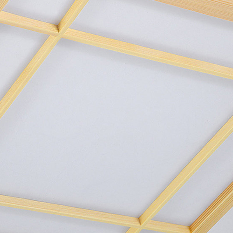Traditional Japanese Square Lattice Parchment Pine Wood LED Flush Mount Ceiling Light For Living Room