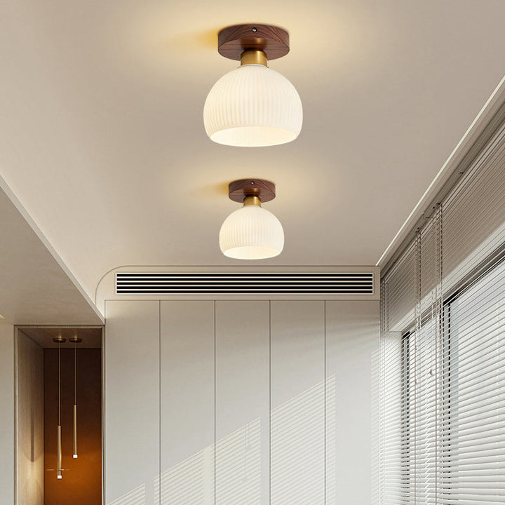 Contemporary Round Walnut Semi-Flush Ceiling Light