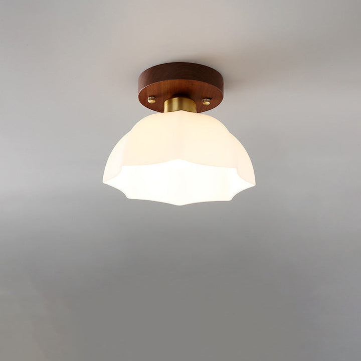 Contemporary Round Walnut Semi-Flush Ceiling Light
