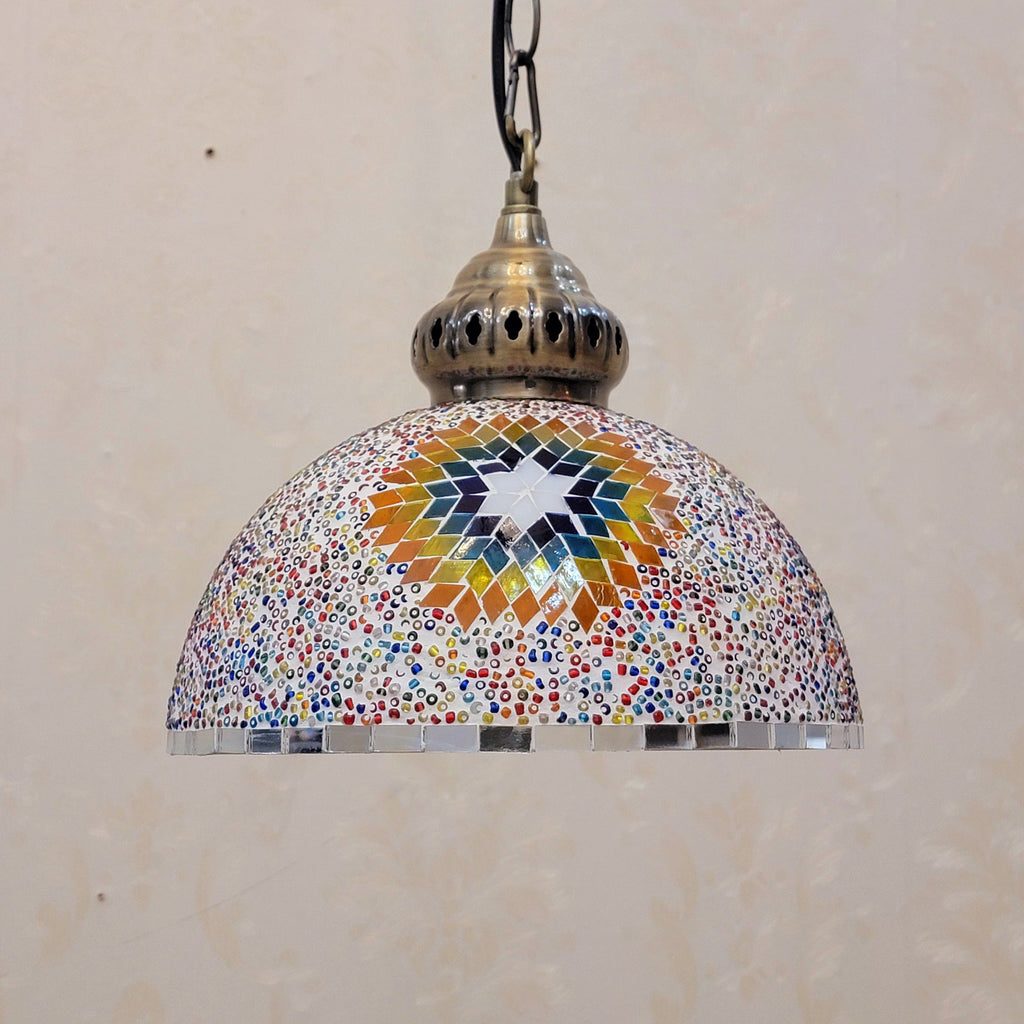 Contemporary Boho Glass Iron Dome Sun Mosaic Bead 1-Light Pendant Light For Dining Room