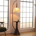 Contemporary Retro Wood Iron Fabric Dome Round Shelf 1-Light Standing Floor Lamp For Living Room