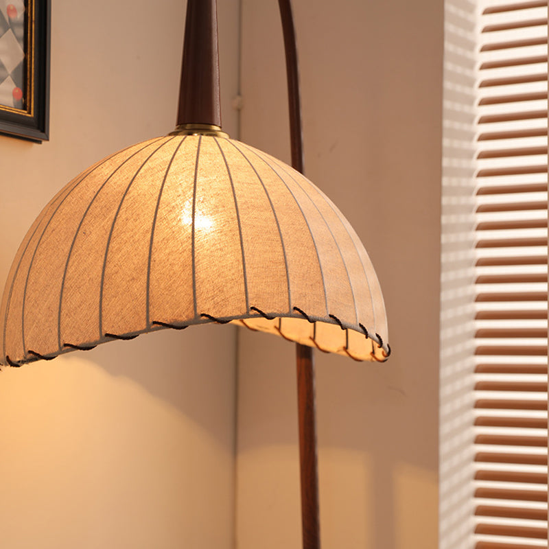 Contemporary Retro Wood Iron Fabric Dome Round Shelf 1-Light Standing Floor Lamp For Living Room