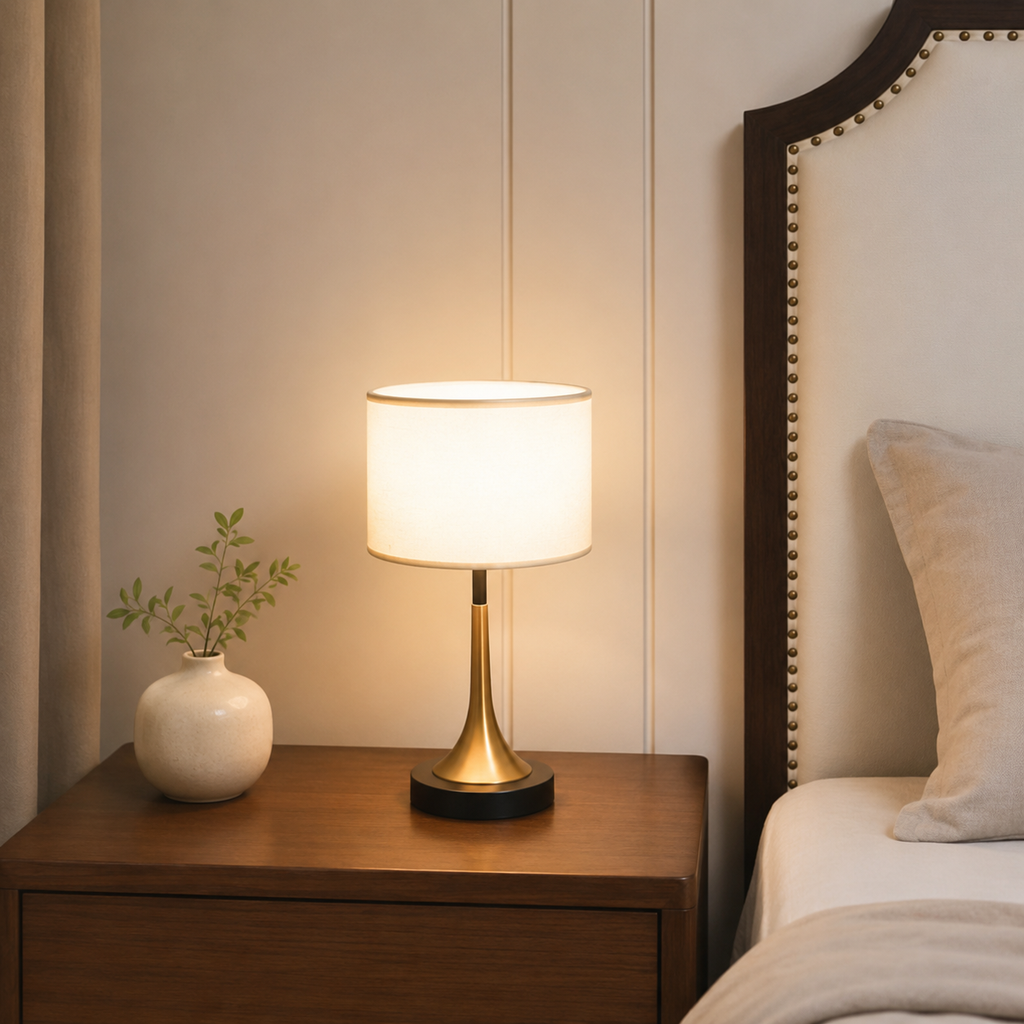 Contemporary Retro Fabric Metal Cylinder Touch Sensor Dimmable 1-Light Table Lamp For Bedside