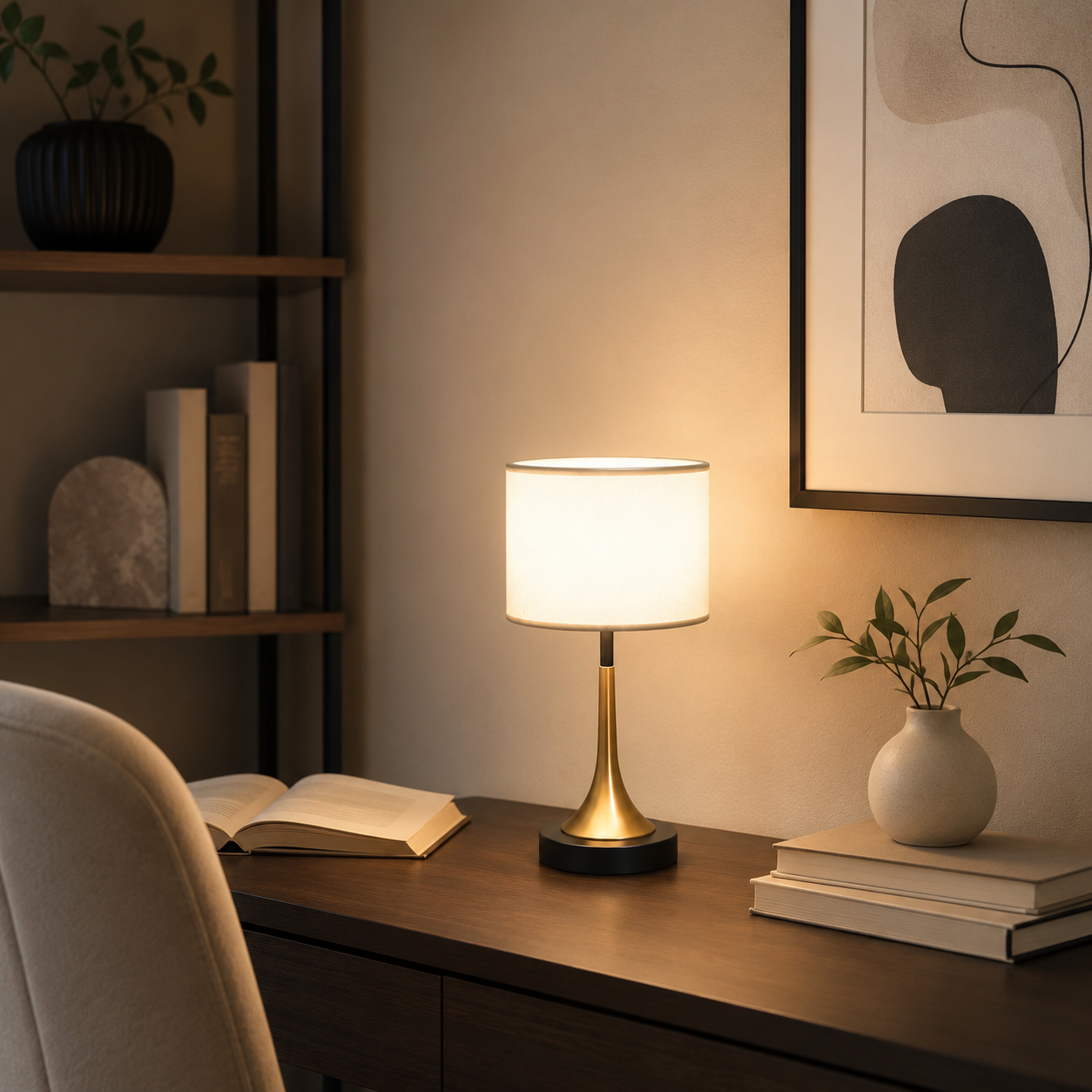 Contemporary Retro Fabric Metal Cylinder Touch Sensor Dimmable 1-Light Table Lamp For Bedside