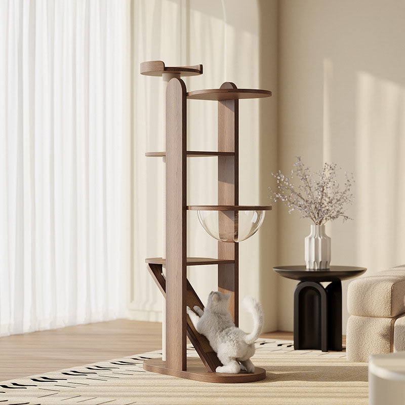 Contemporary Creative Round Rubberwood Solid Wood Acrylic Sisal Cat Tree 4-Tier For Living Room