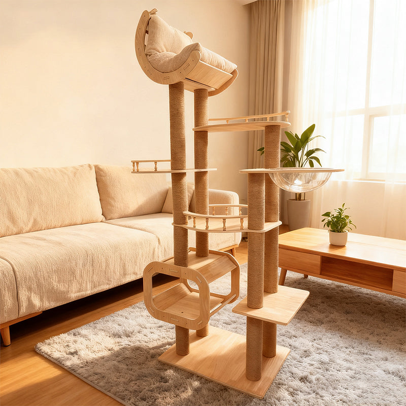 Contemporary Scandinavian Square Multi-Layer Solid Wood Panel Acrylic Fabric Multi-Functional Cat Tree For Living Room