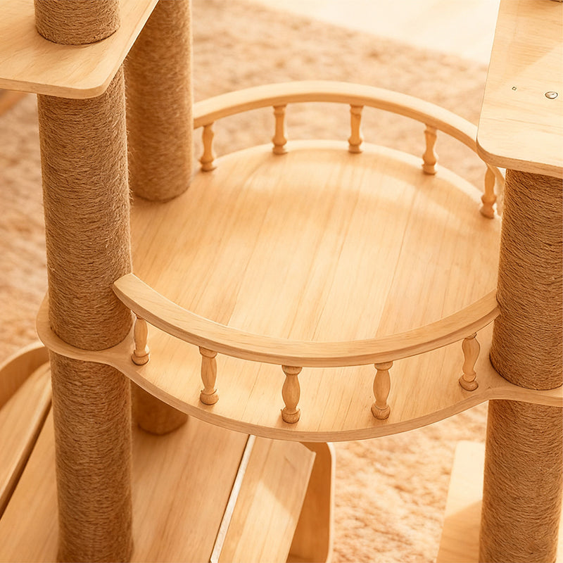 Contemporary Scandinavian Square Multi-Layer Solid Wood Panel Acrylic Fabric Multi-Functional Cat Tree For Living Room