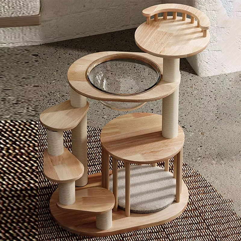 Contemporary Scandinavian Round Rubberwood Solid Wood Acrylic Kraft Paper Rope Cat Tree 4-Tier For Living Room