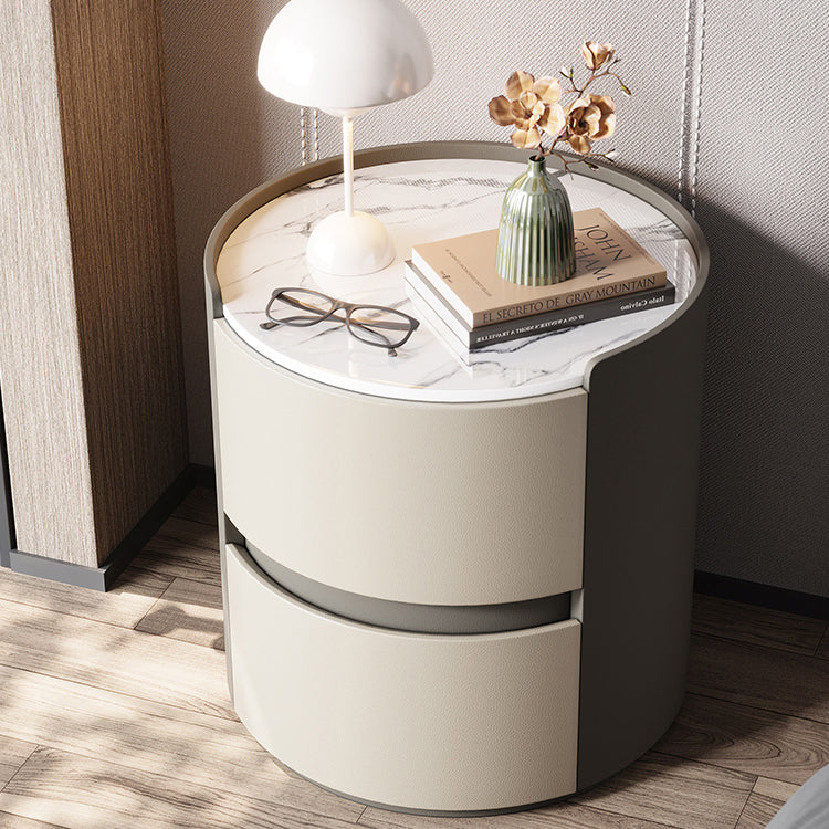 Modern Minimalist Synthetic Leather Velvet Rock Slab & Solid Wood Plywood Round Nightstand With 2 Drawers For Bedside Use