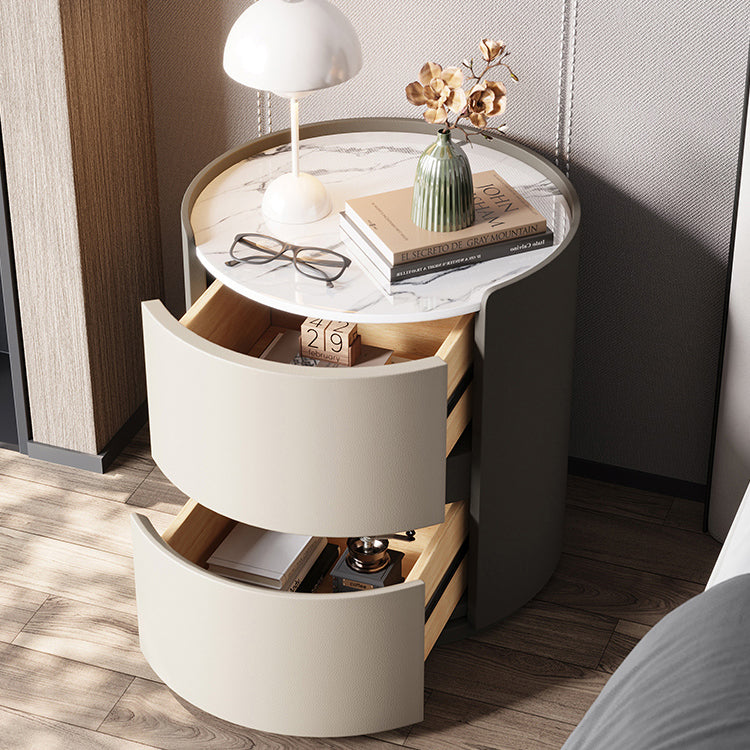 Modern Minimalist Synthetic Leather Velvet Rock Slab & Solid Wood Plywood Round Nightstand With 2 Drawers For Bedside Use