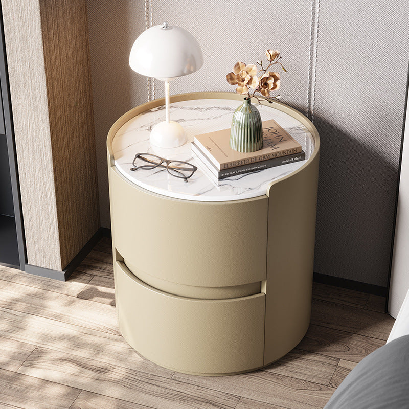 Modern Minimalist Synthetic Leather Velvet Rock Slab & Solid Wood Plywood Round Nightstand With 2 Drawers For Bedside Use