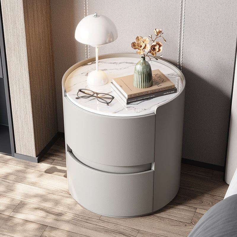 Modern Minimalist Synthetic Leather Velvet Rock Slab & Solid Wood Plywood Round Nightstand With 2 Drawers For Bedside Use