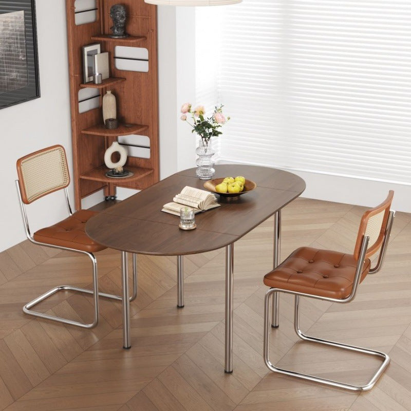 Modern Minimalist Foldable Oval Melamine Faced Board Wood Stainless Steel Dining Table For 4 Seats