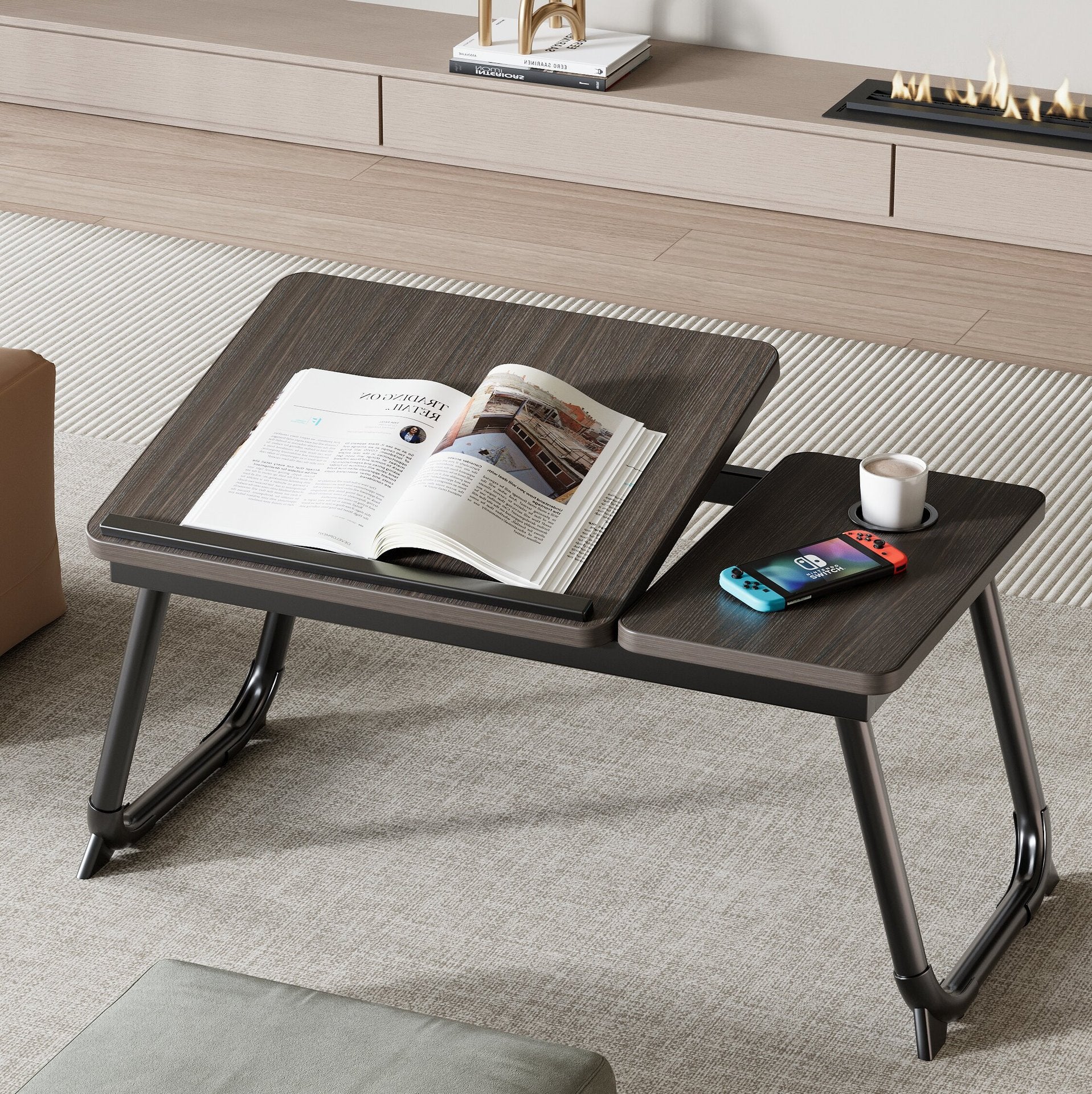 Contemporary Nordic Carbon Steel MDF Rectangular Desks Foldable Angle Adjustable 2-Tray Saucer For Study
