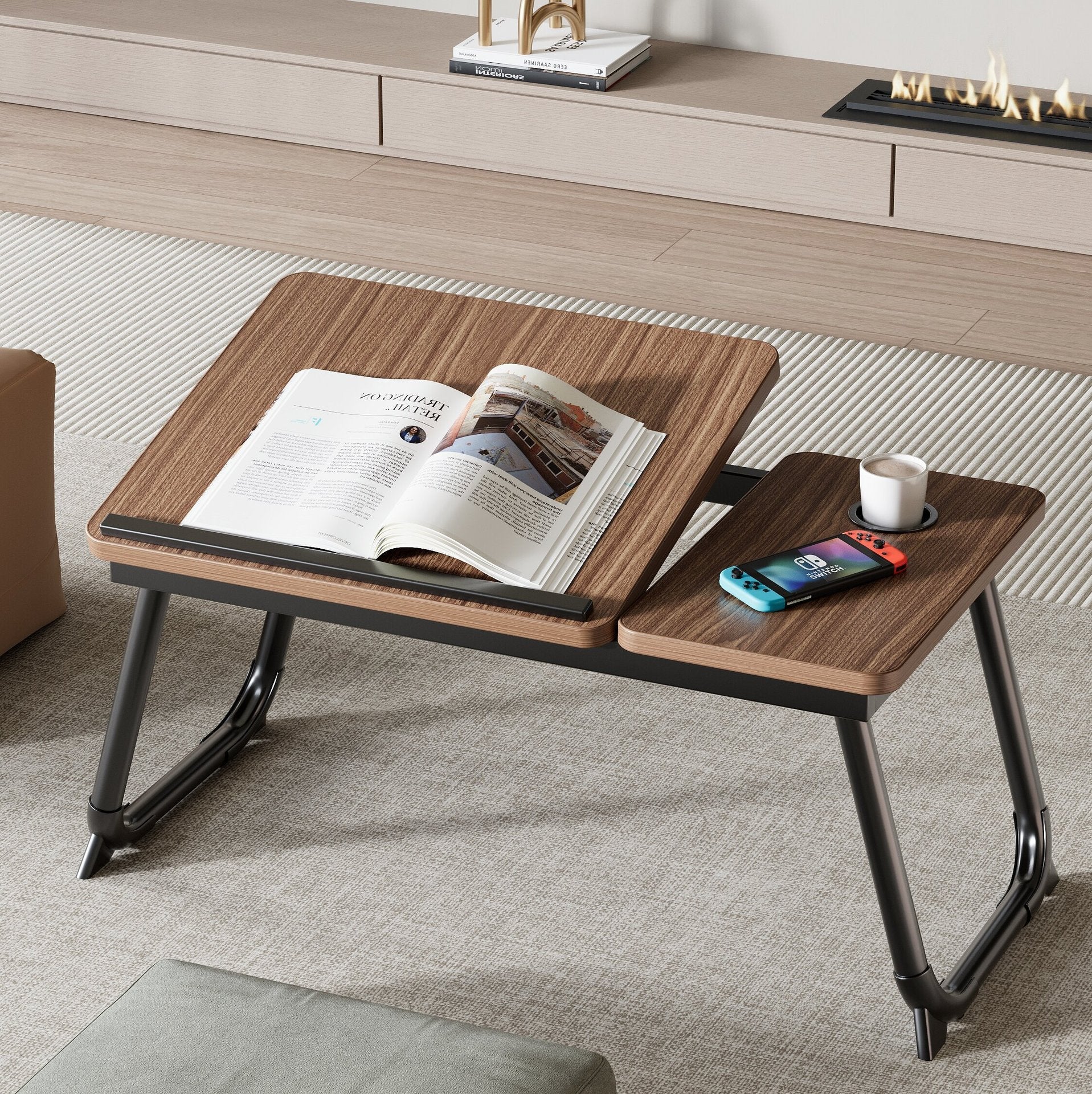 Contemporary Nordic Carbon Steel MDF Rectangular Desks Foldable Angle Adjustable 2-Tray Saucer For Study