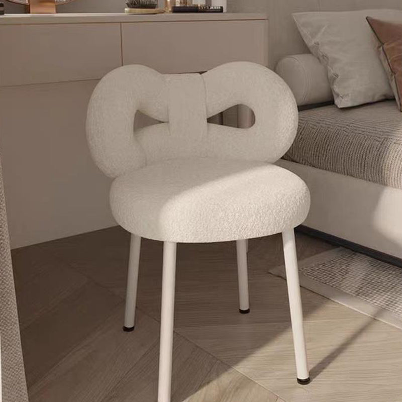 Contemporary Creative Bow Knot Sherpa Fabric Iron Vanity Stool Backrest Armless For Bedroom