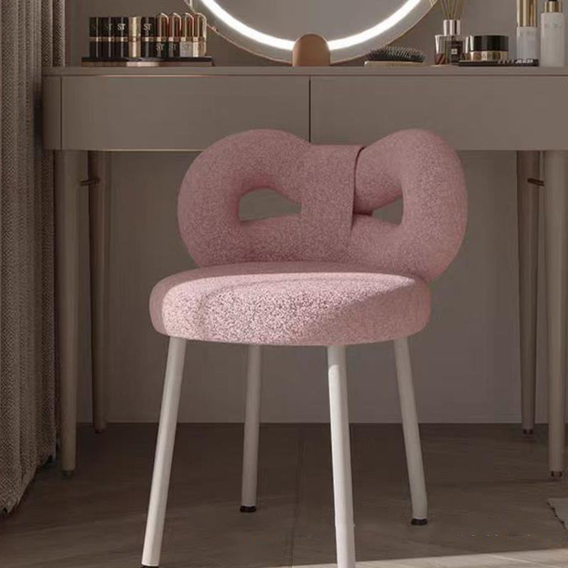 Contemporary Creative Bow Knot Sherpa Fabric Iron Vanity Stool Backrest Armless For Bedroom