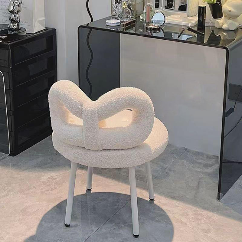 Contemporary Creative Bow Knot Sherpa Fabric Iron Vanity Stool Backrest Armless For Bedroom