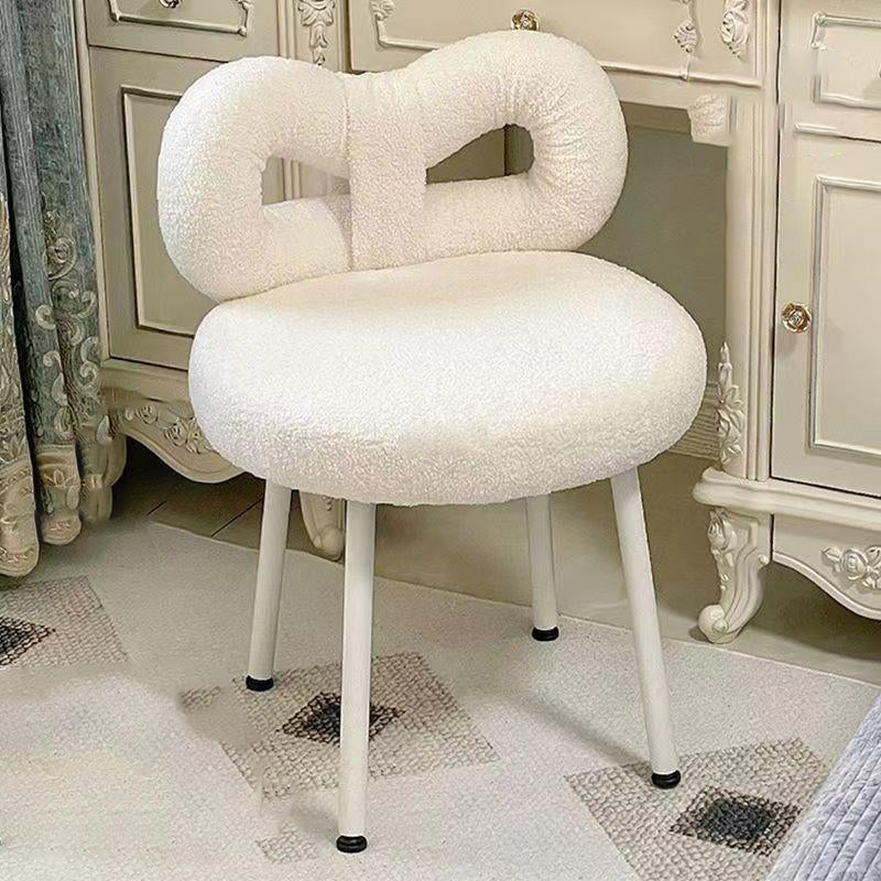 Contemporary Creative Bow Knot Sherpa Fabric Iron Vanity Stool Backrest Armless For Bedroom