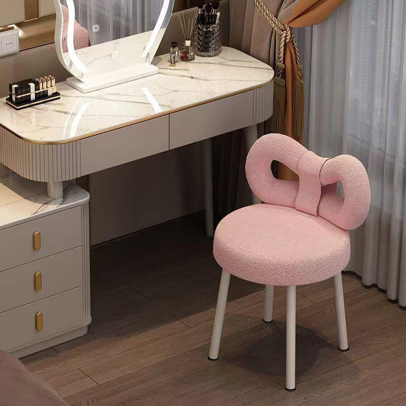 Contemporary Creative Bow Knot Sherpa Fabric Iron Vanity Stool Backrest Armless For Bedroom