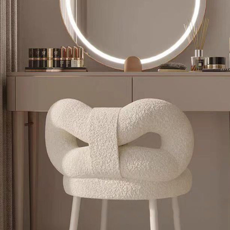 Contemporary Creative Bow Knot Sherpa Fabric Iron Vanity Stool Backrest Armless For Bedroom