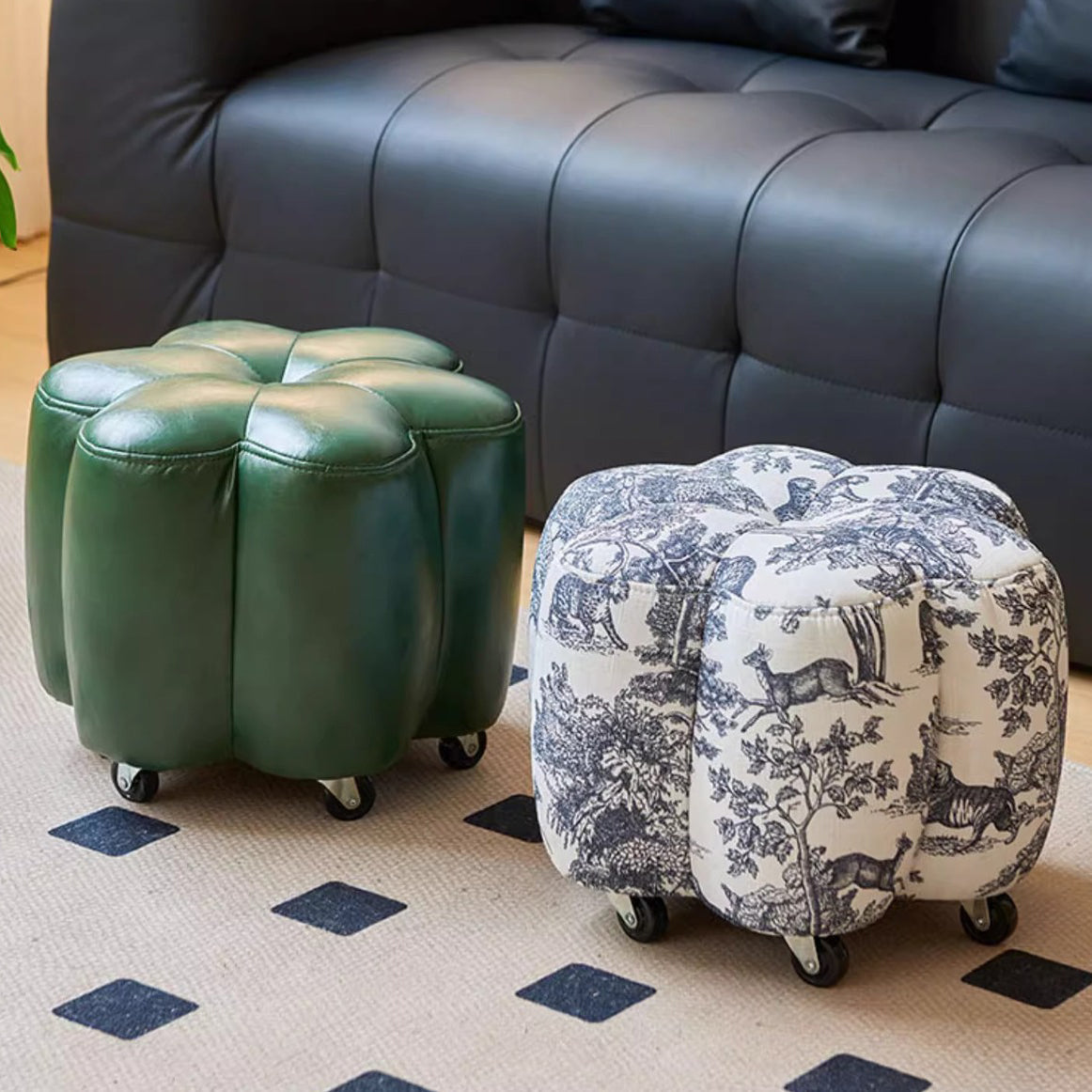 Contemporary Retro Flower Cube Cotton Linen Faux Oil-waxed Leather Pine Wheels Footstool Backless Armless For Living Room