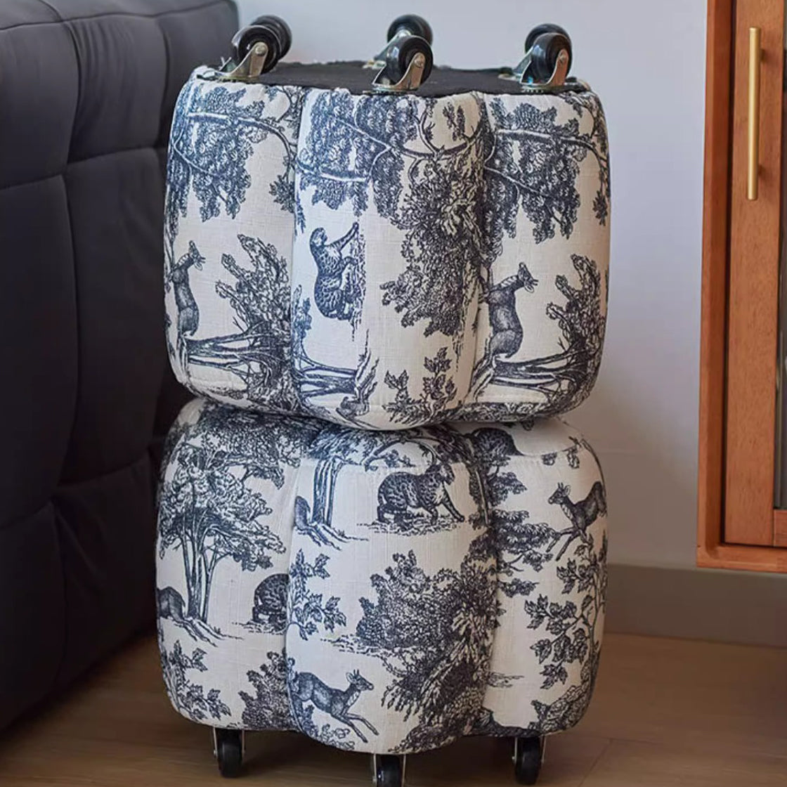 Contemporary Retro Flower Cube Cotton Linen Faux Oil-waxed Leather Pine Wheels Footstool Backless Armless For Living Room