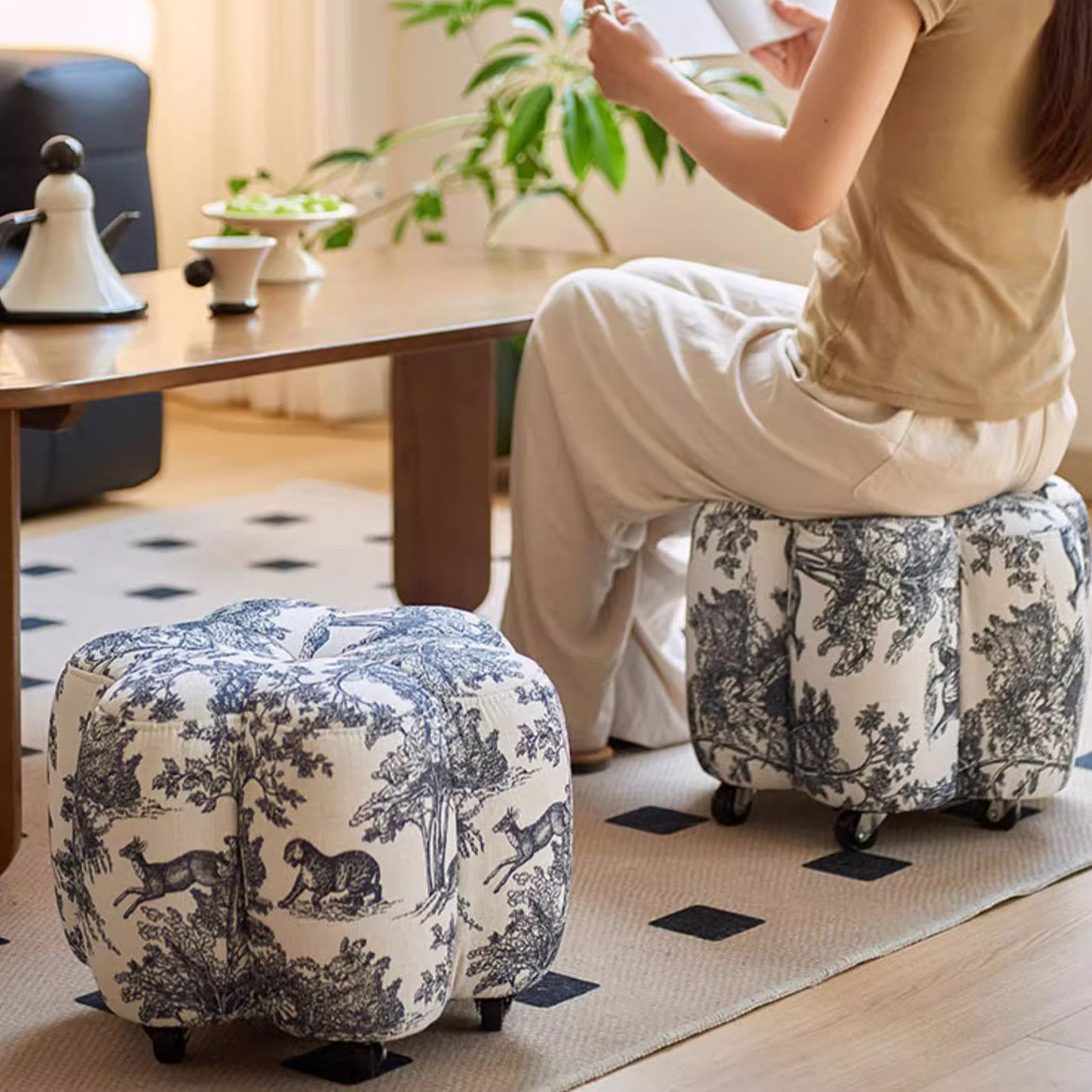 Contemporary Retro Flower Cube Cotton Linen Faux Oil-waxed Leather Pine Wheels Footstool Backless Armless For Living Room