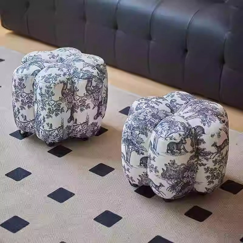 Contemporary Retro Flower Cube Cotton Linen Faux Oil-waxed Leather Pine Wheels Footstool Backless Armless For Living Room