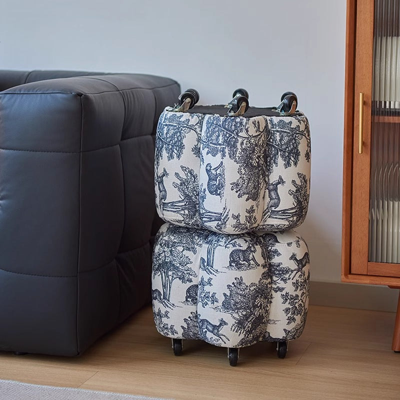 Contemporary Retro Flower Cube Cotton Linen Faux Oil-waxed Leather Pine Wheels Footstool Backless Armless For Living Room