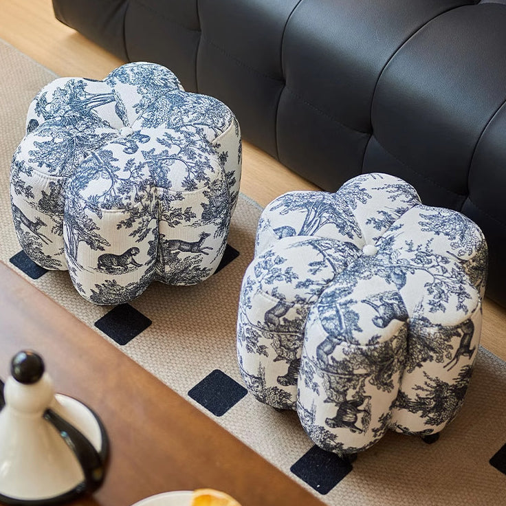 Contemporary Retro Flower Cube Cotton Linen Faux Oil-waxed Leather Pine Wheels Footstool Backless Armless For Living Room