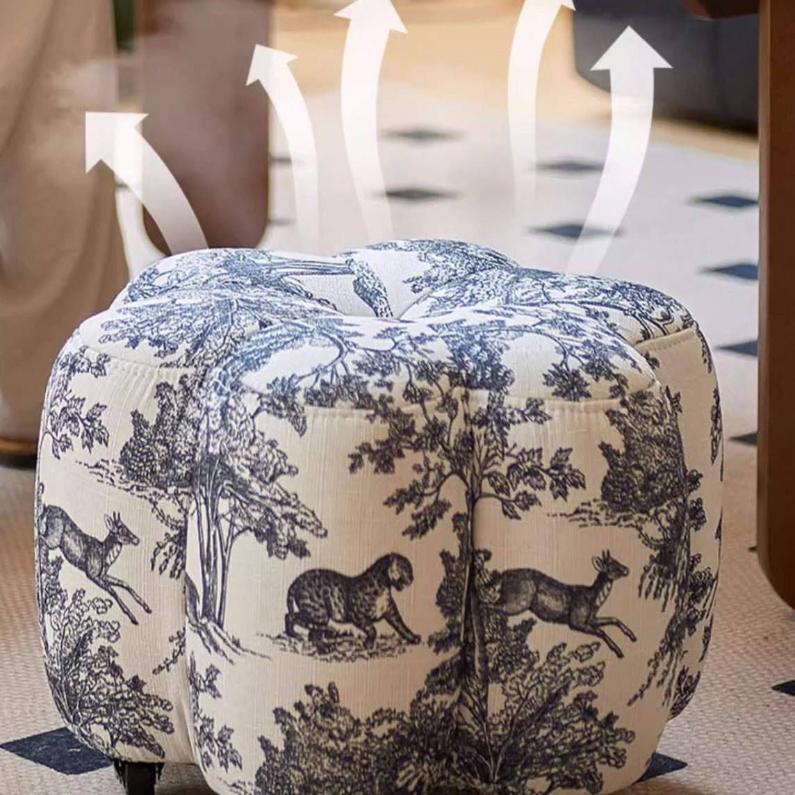 Contemporary Retro Flower Cube Cotton Linen Faux Oil-waxed Leather Pine Wheels Footstool Backless Armless For Living Room