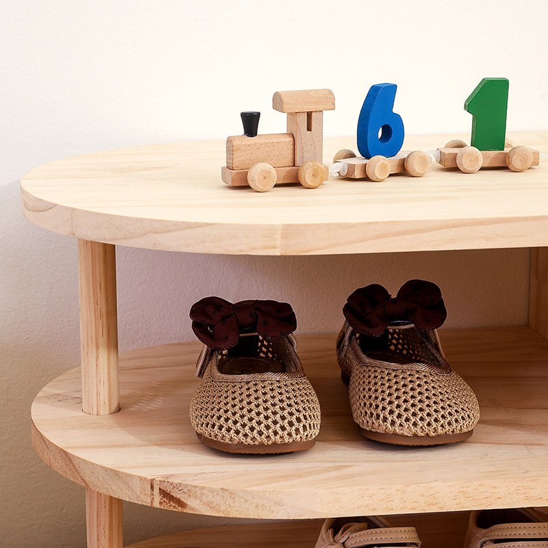 Traditional Japanese Pine Wood Curved Square Kids Shoe Rack With 2-Tier For Living Room