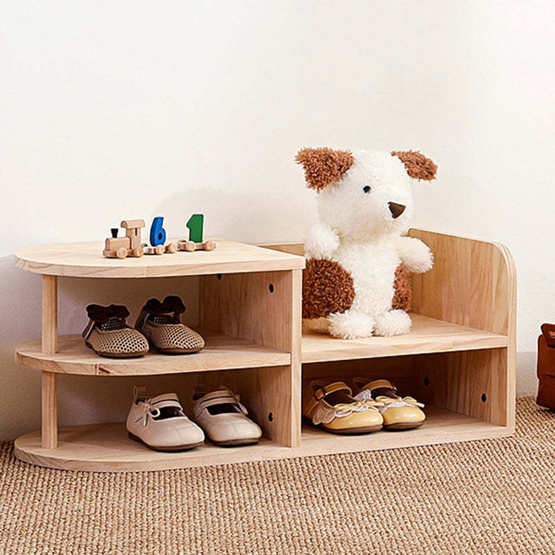 Traditional Japanese Pine Wood Curved Square Kids Shoe Rack With 2-Tier For Living Room