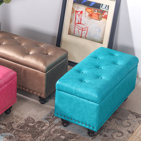Contemporary Nordic Blockboard Faux Oil Wax Leather Upholstered Rectangular Storage Bench For Living Room