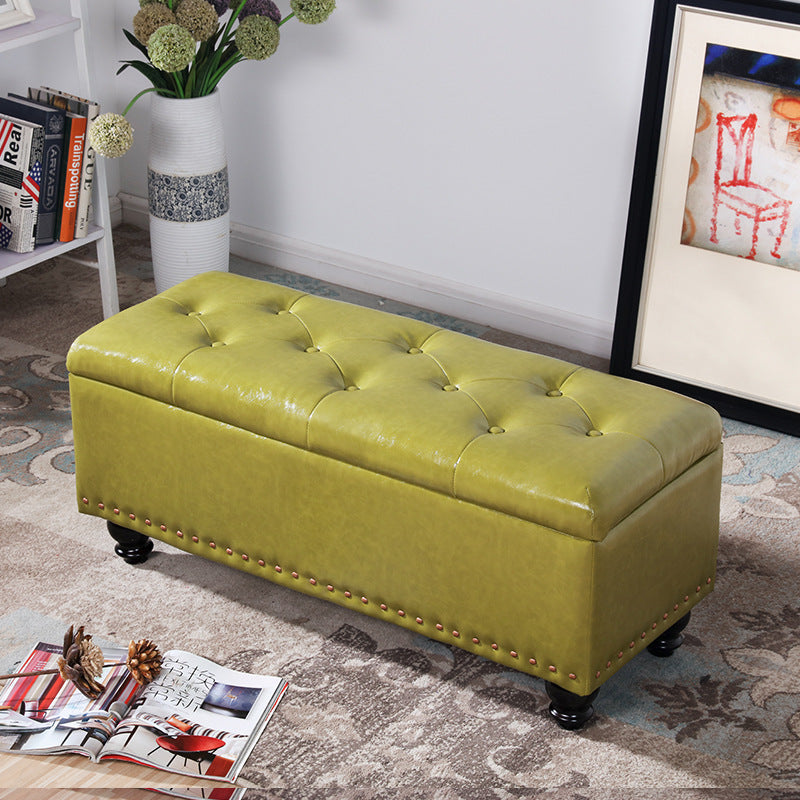 Contemporary Nordic Blockboard Faux Oil Wax Leather Upholstered Rectangular Storage Bench For Living Room