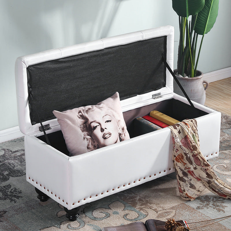 Contemporary Nordic Blockboard Faux Oil Wax Leather Upholstered Rectangular Storage Bench For Living Room
