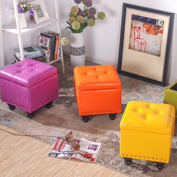 Contemporary Nordic Blockboard Faux Oil Wax Leather Upholstered Rectangular Storage Bench For Living Room