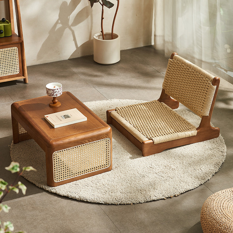 Traditional Japanese Tatami Braided Rope Ash Frame Square Lounge Chair Backrest For Living Room