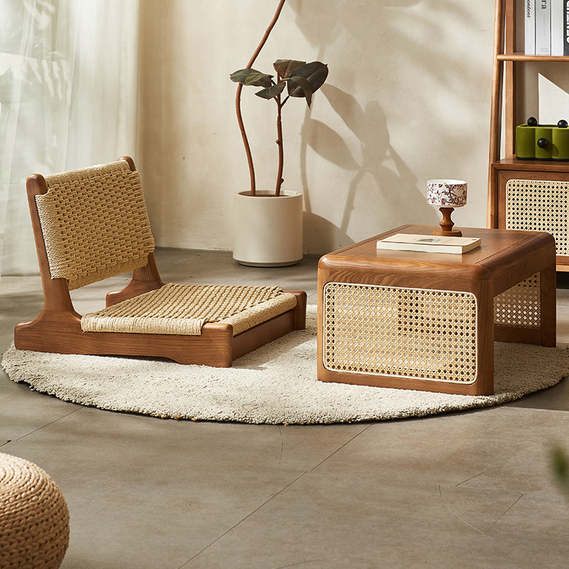 Traditional Japanese Tatami Braided Rope Ash Frame Square Lounge Chair Backrest For Living Room