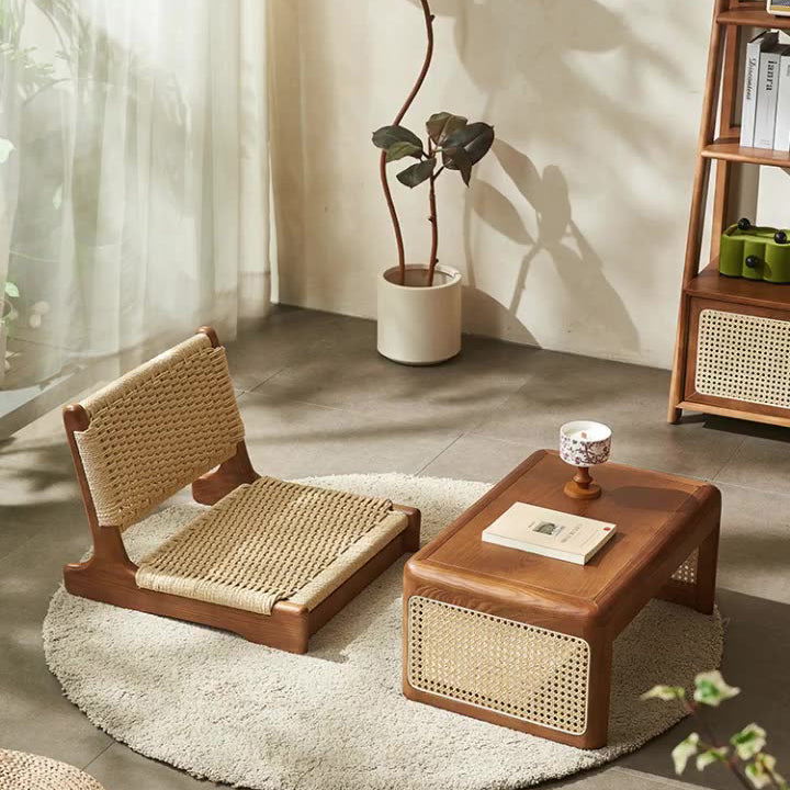 Traditional Japanese Tatami Braided Rope Ash Frame Square Lounge Chair Backrest For Living Room