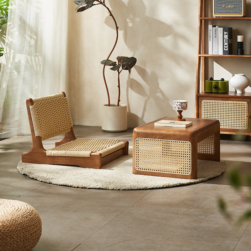 Traditional Japanese Tatami Braided Rope Ash Frame Square Lounge Chair Backrest For Living Room