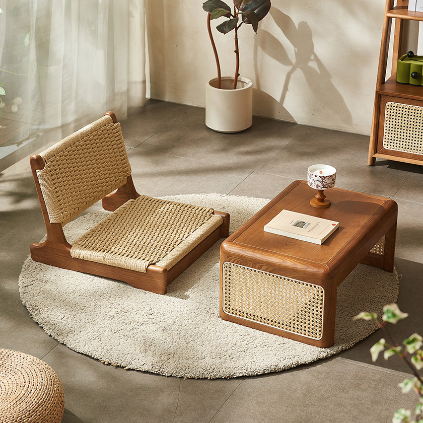 Traditional Japanese Tatami Braided Rope Ash Frame Square Lounge Chair Backrest For Living Room