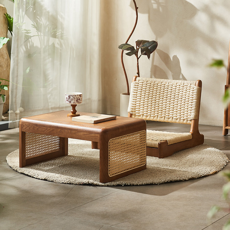 Traditional Japanese Tatami Braided Rope Ash Frame Square Lounge Chair Backrest For Living Room