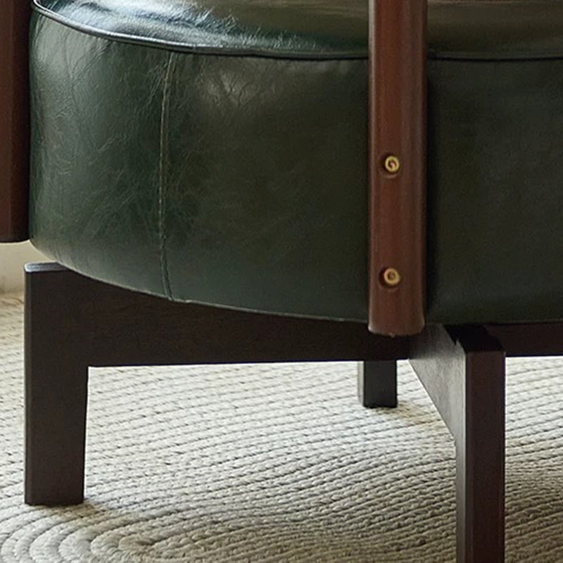 Traditional Vintage Swivel Round Wood Oil-waxed Leather Chair Backrest For Living Room
