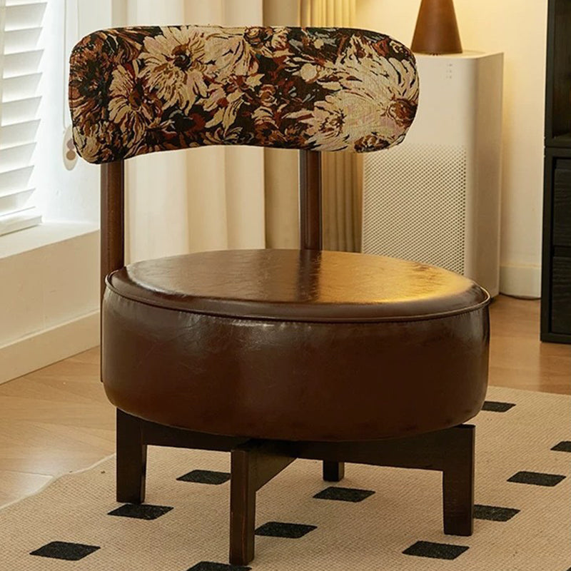 Traditional Vintage Swivel Round Wood Oil-waxed Leather Chair Backrest For Living Room