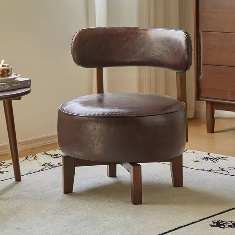 Traditional Vintage Swivel Round Wood Oil-waxed Leather Chair Backrest For Living Room