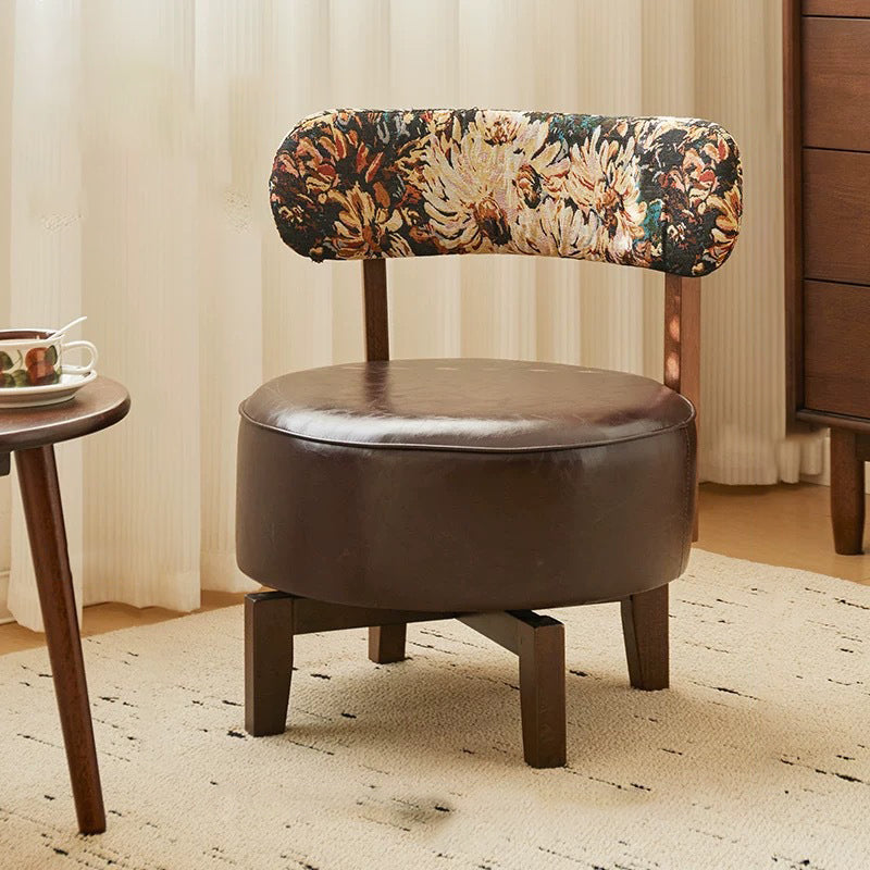 Traditional Vintage Swivel Round Wood Oil-waxed Leather Chair Backrest For Living Room